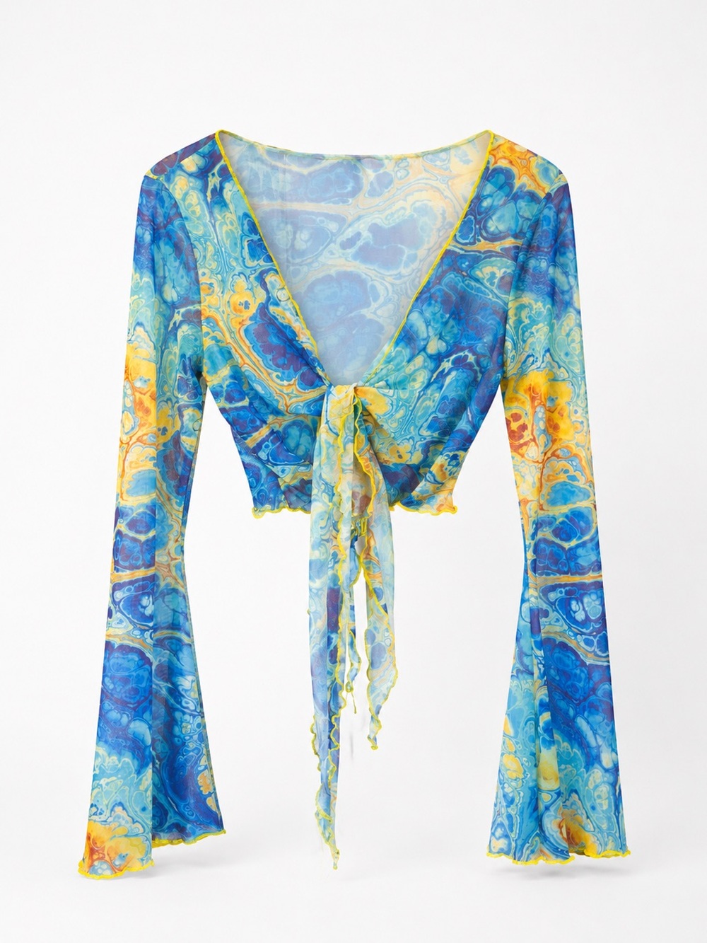 SHEIN mesh tie-front bell sleeve crop top abstract festival blouse